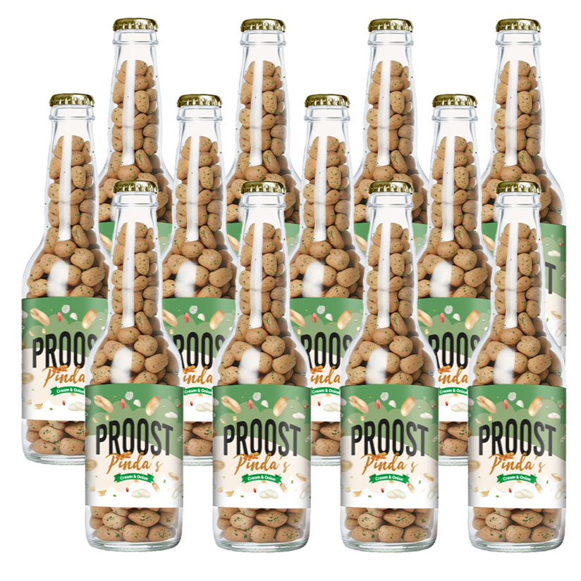 Pinda's Proost Cream & Onion 220 gram, 12 bierflesjes vol heerlijke gekruide pinda's