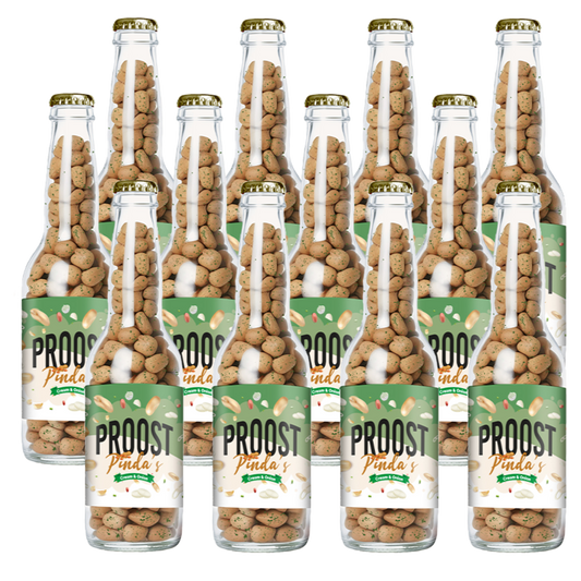 Pinda's Proost Cream & Onion 220 gram, 12 bierflesjes vol heerlijke gekruide pinda's