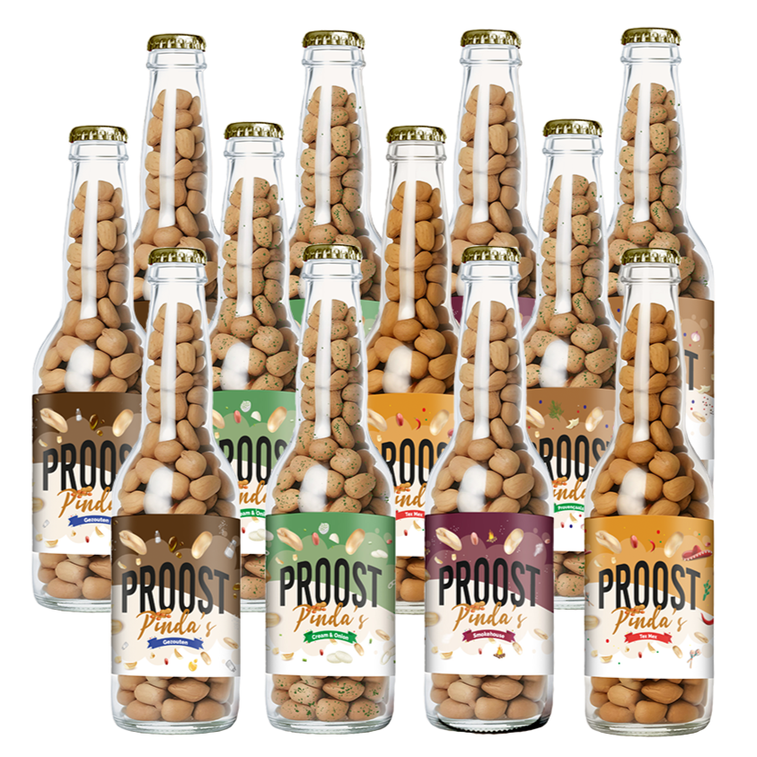 Pinda's Proost Gemixt 220 gram, 12 bierflesjes vol heerlijke gekruide pinda's
