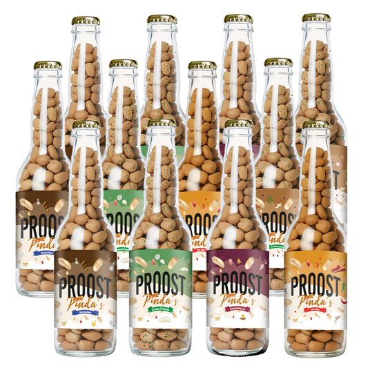 Pinda's Proost Gemixt 220 gram, 12 bierflesjes vol heerlijke gekruide pinda's