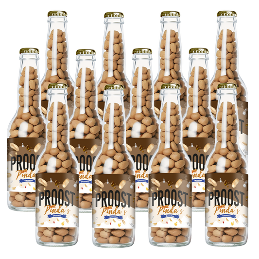 Pinda's Proost Gezouten 220 gram, 12 bierflesjes vol heerlijke gekruide pinda's