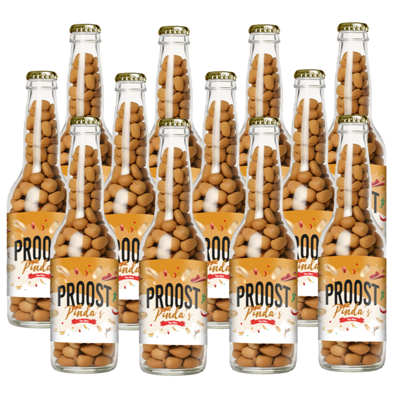 Pinda's Proost Tex-Mex 220 gram, 12 bierflesjes vol heerlijke gekruide pinda's