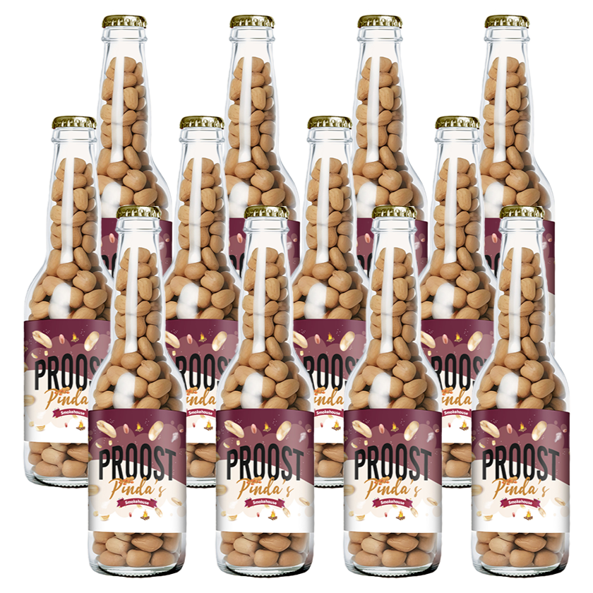 Pinda's Proost Smokehouse 220 gram, 12 bierflesjes vol heerlijke gekruide pinda's