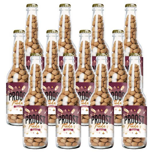 Pinda's Proost Smokehouse 220 gram, 12 bierflesjes vol heerlijke gekruide pinda's