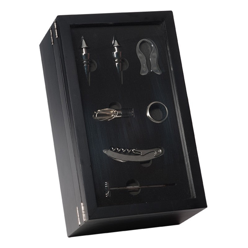 Wijnkist zwart 2-vaks met accessoires