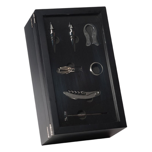 Wijnkist zwart 2-vaks met accessoires