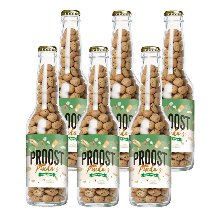 Pinda's Proost Cream & Onion 220 gram, 6 bierflesjes vol heerlijke gekruide pinda's