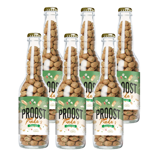 Pinda's Proost Cream & Onion 220 gram, 6 bierflesjes vol heerlijke gekruide pinda's