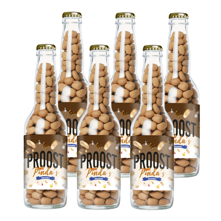 Pinda's Proost Gezouten 220 gram, 6 bierflesjes vol heerlijke gekruide pinda's
