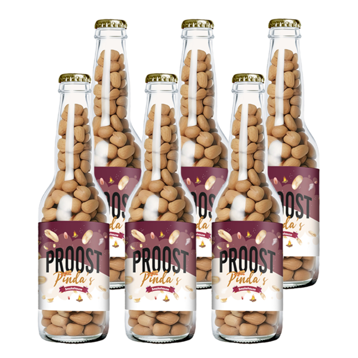 Pinda's Proost Smokehouse 220 gram, 6 bierflesjes vol heerlijke gekruide pinda's