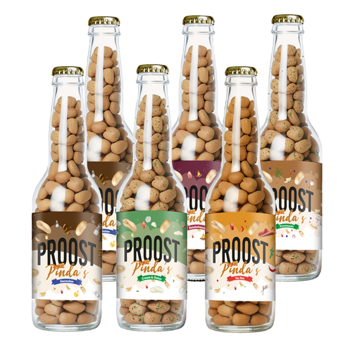 Pinda's Proost Gemixt 220 gram, 6 bierflesjes vol heerlijke gekruide pinda's