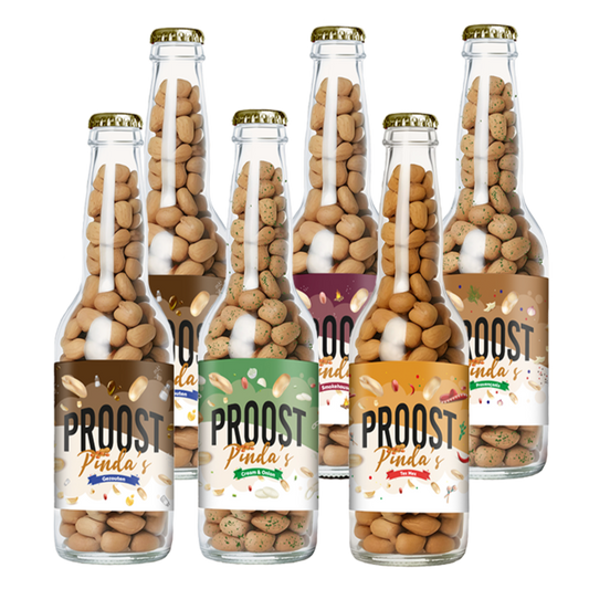 Pinda's Proost Gemixt 220 gram, 6 bierflesjes vol heerlijke gekruide pinda's