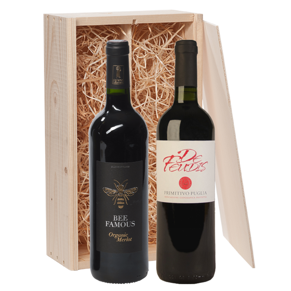 Wijncadeau Bee Famous & De Feudis Rood 2x75CL