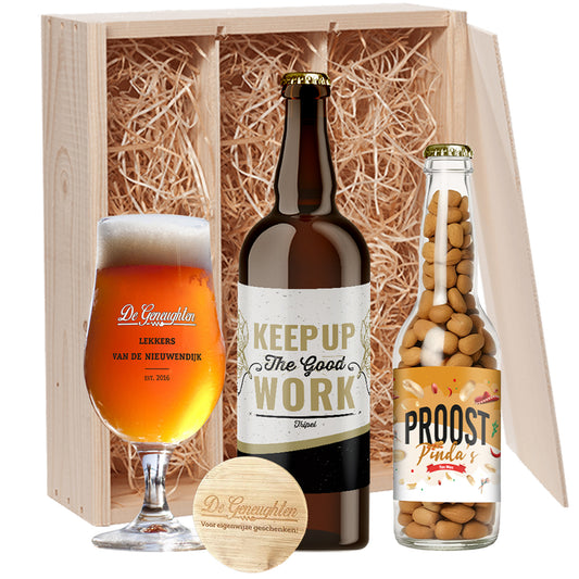 Speciaalbier cadeau Keep Up The Good Work, met Proost Pinda's, glas en gratis opener - 1x75cl, 1x220gr