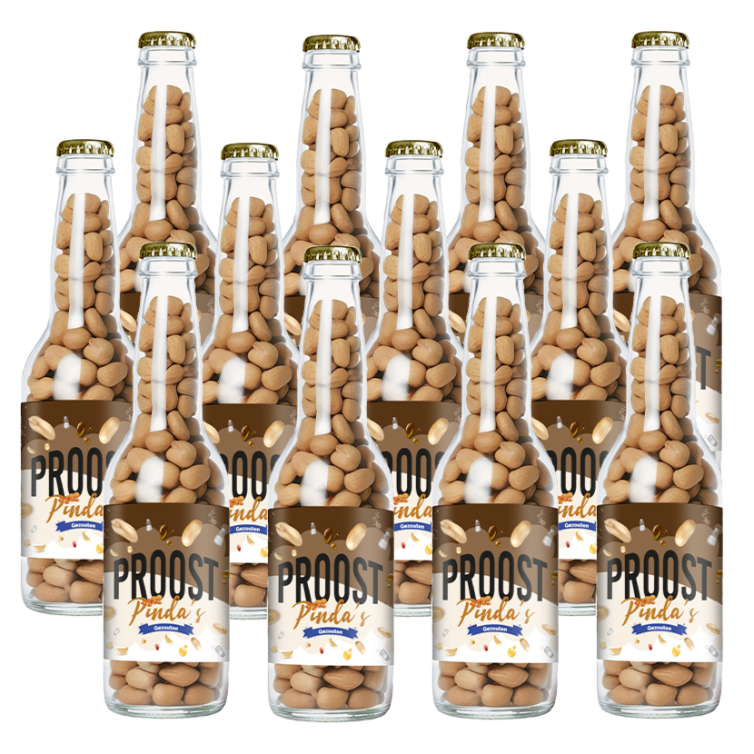 Pinda's Proost Gezouten 220 gram, 12 bierflesjes vol heerlijke gekruide pinda's