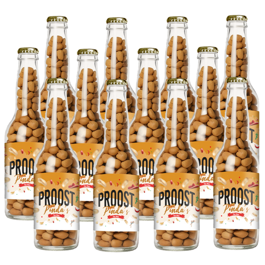 Pinda's Proost Tex-Mex 220 gram, 12 bierflesjes vol heerlijke gekruide pinda's