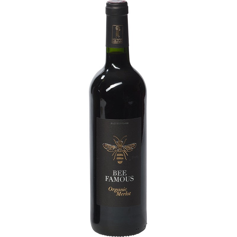 Famous Bee merlot 75cl,Houten 2-vaks wijnkist,2-vaks wijnkist,Wijncadeau Bee Famous 2x75cl