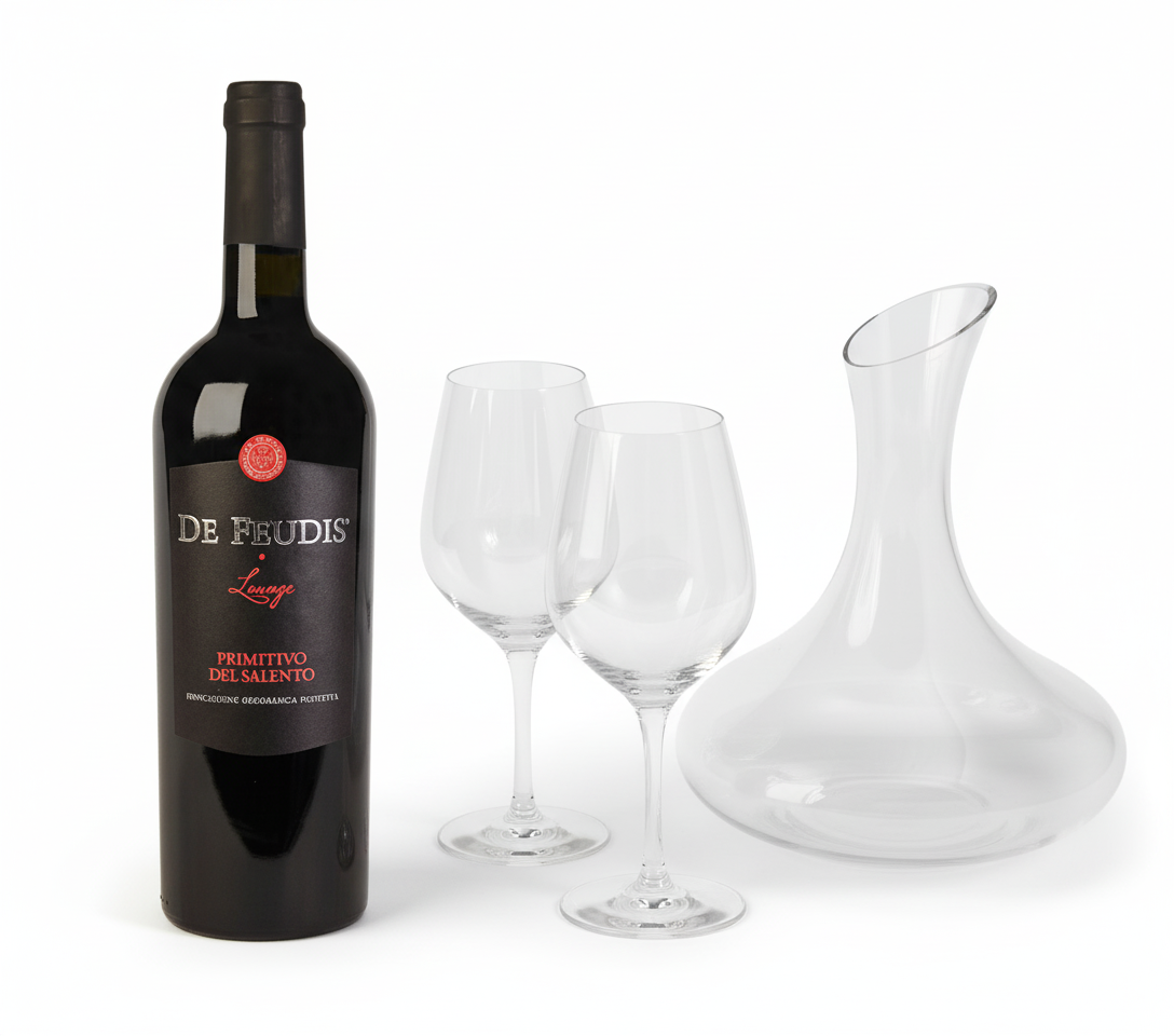 Rode Wijn De Feudis Primitivo del Salento met decanteerkaraf en glazen