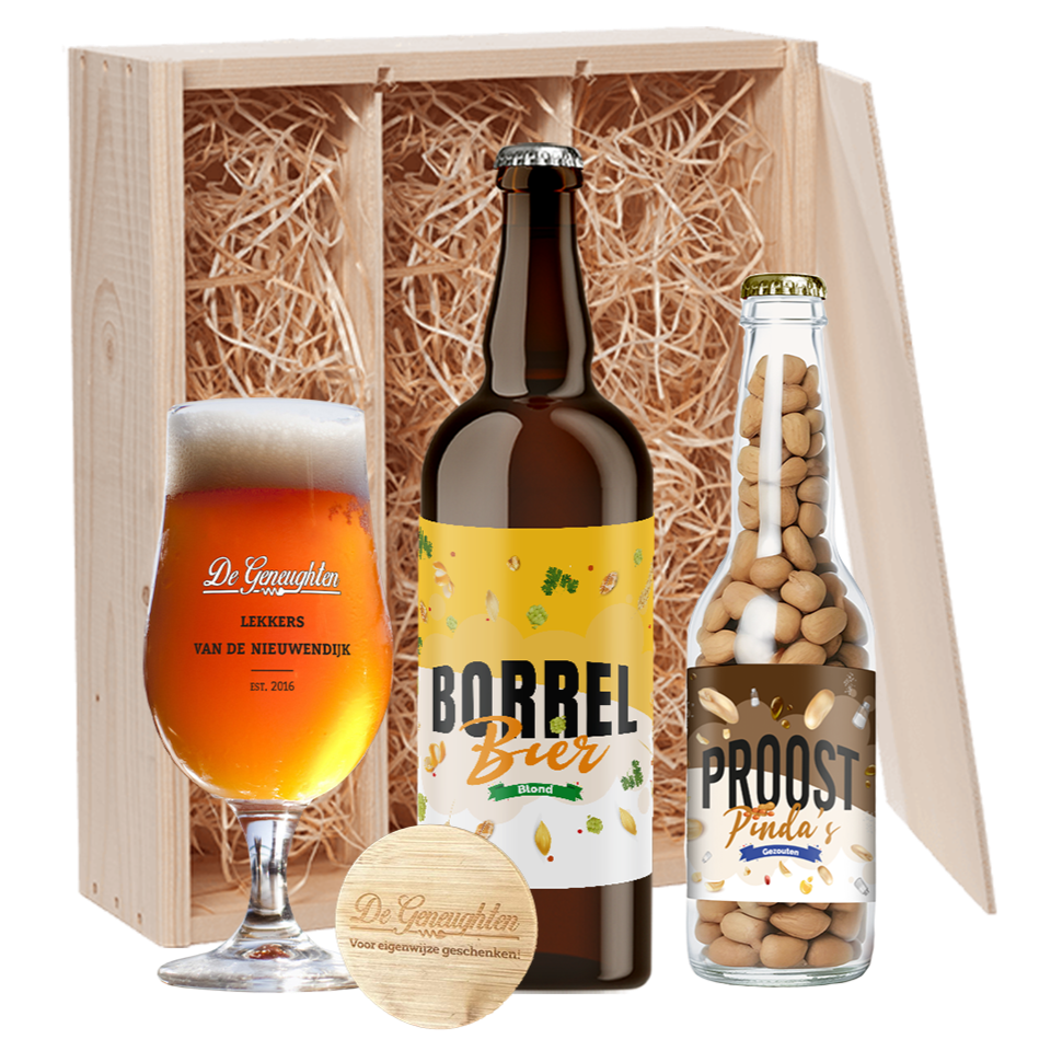 Speciaalbier cadeau Borrel Bier, met Proost Pinda's, glas en gratis opener - 1x75cl, 1x220gr