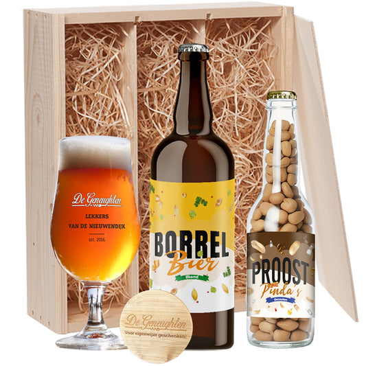 Speciaalbier cadeau Borrel Bier, met Proost Pinda's, glas en gratis opener - 1x75cl, 1x220gr